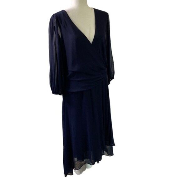 DKNY Navy Surplice Faux Wrap Chiffon Balloon Sleeve V-Neck Midi Party Dress - Picture 3 of 15